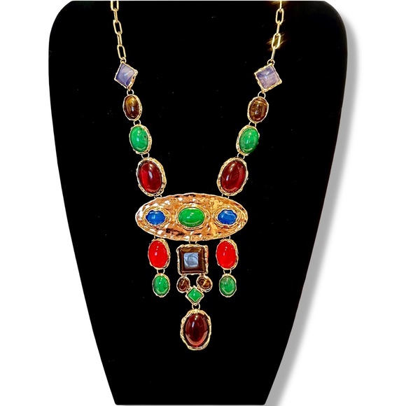 NATASHA Super Shiny Colorful Polished Gold & Gemstone Statement Necklace NWT - Picture 2 of 9
